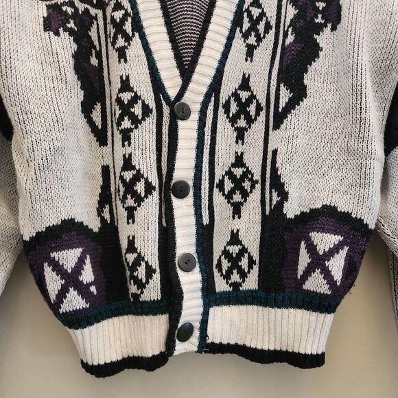 Vtg 90s Code Zero V-Neck Cardigan Sweater Knit Geometric Nordic Grandpacore Sz L - Picture 6 of 12